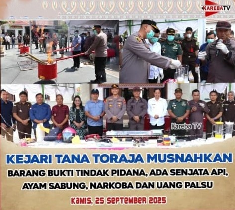 Kejari Tana Toraja Musnahkan Barang Bukti Senpi, Narkoba, Uang Palsu, dan Ayam Sabung